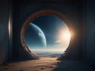 Mysterious Portal to Another World with a Cosmic Landscape and Astronaut Explorer.