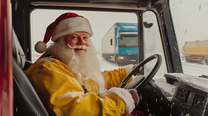 Santa Claus in a yellow suit driving a 35-tonne lorry