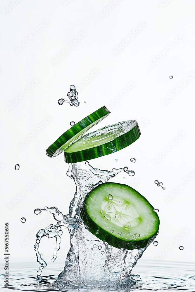 Poster cucumber slices splashing into water on white background