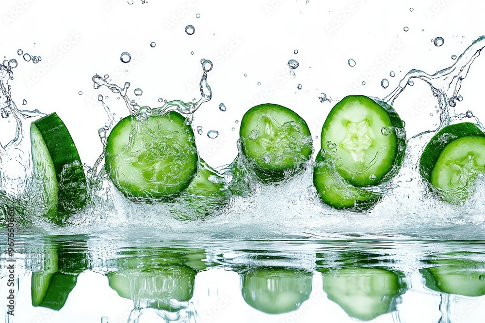Poster sliced cucumbers splashing into water on white background