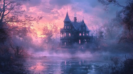 A mysterious mansion surrounded by mist under a colorful twilight sky, creating an enchanting and eerie atmosphere.