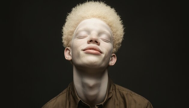 Albino Man Portrait: A close-up portrait of a young albino man with his eyes closed, capturing a moment of peace and serenity. His striking features and the soft lighting create a captivating image. - Powered by Adobe