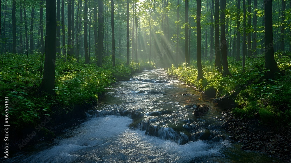 Poster enchanting forest stream with sunlight filtering through lush greenery
