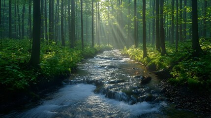Obraz premium Enchanting Forest Stream with Sunlight Filtering Through Lush Greenery