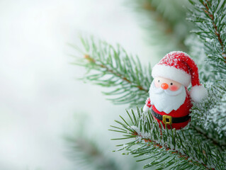 Miniature Santa Claus Figurine in Snow with Pine Tree Branches