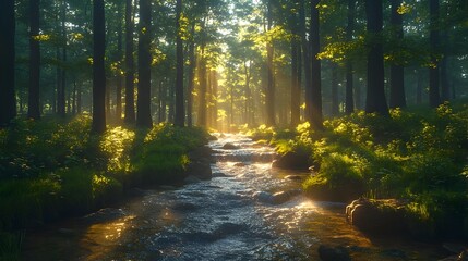 Fototapeta premium Enchanting Forest Pathway with Sunlight Cascading Through the Lush Greenery