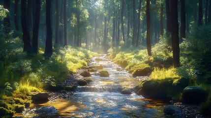 Fototapeta premium Enchanting Forest Stream with Mossy Rocks and Sunlit Foliage