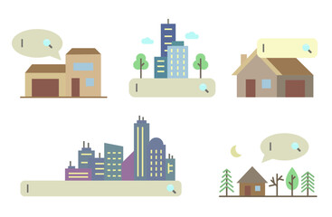 Obraz premium Urban background. Color icons of city buildings. Building icons.