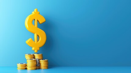 Vibrant yellow dollar sign stands tall above a stack of coins against a bright blue background, symbolizing wealth and finance.
