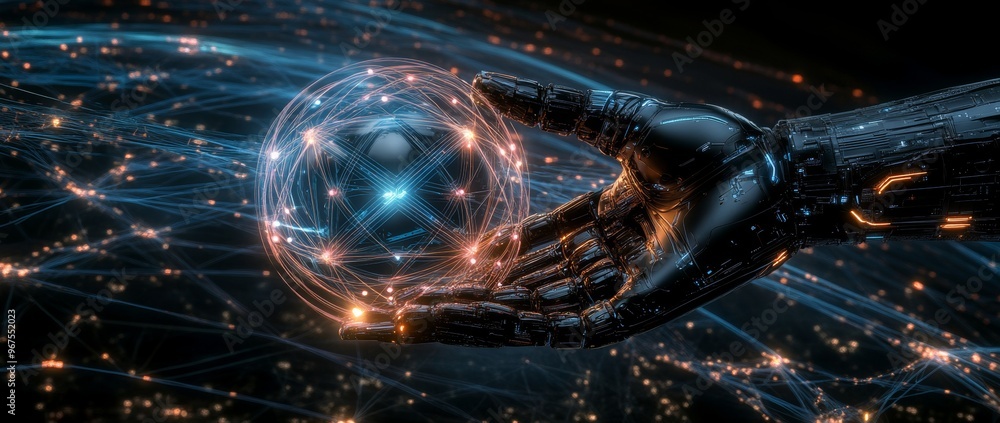 Poster science, stock, machine learning, robothand touching a data science and big data exchange on the net