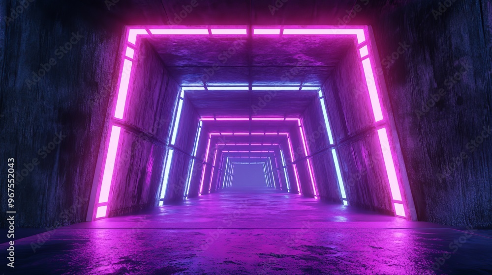 Poster neon-bright gate in shades of purple and blue forms a glowing path in a dark tunnel. the futuristic 