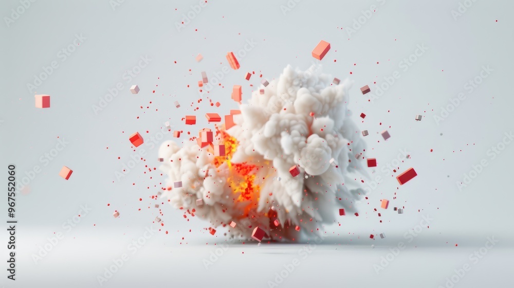 Poster a detailed illustration of explosion and fire effects, rendered with precision against a plain white