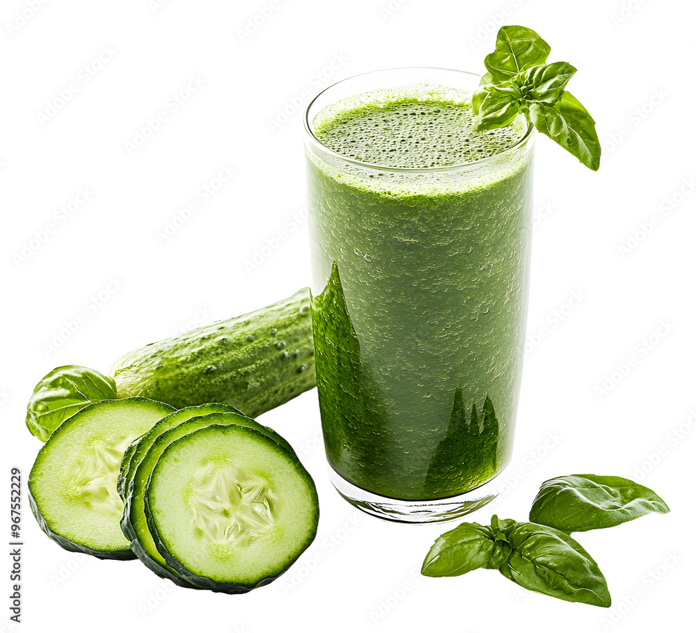 Poster refreshing cucumber basil smoothie with fresh ingredients isolated on transparent background