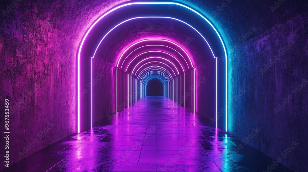 Poster neon-bright gate in shades of purple and blue forms a glowing path in a dark tunnel. the futuristic 
