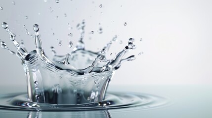 Digital illustration of water splashes and drops against a minimalist white background, blending realism with artistic interpretation to convey the beauty and fluidity of water in a creative manner.