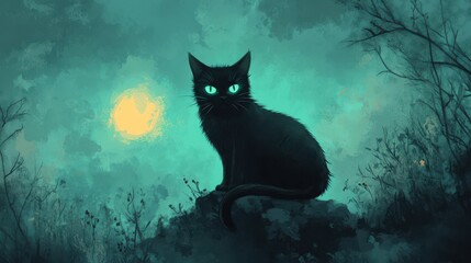 Obraz premium A mystical black cat with glowing eyes sits in a foggy forest, illuminated by the eerie moonlight, creating an enchanting atmosphere.