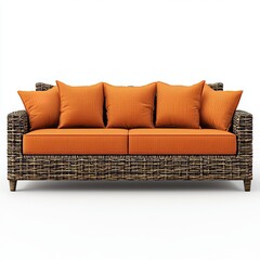Fototapeta premium On a transparent background, a rattan sofa with pillows is surrounded by orange pillows