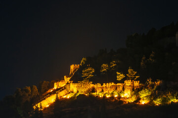 Castle of Nafpaktos in Greece at night.
