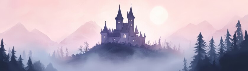 Obraz premium A mystical castle shrouded in fog, nestled in the mountains during sunrise, evoking mystery and enchantment.