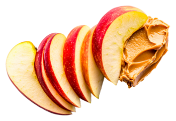 Sliced red apple with creamy peanut butter isolated on transparent background