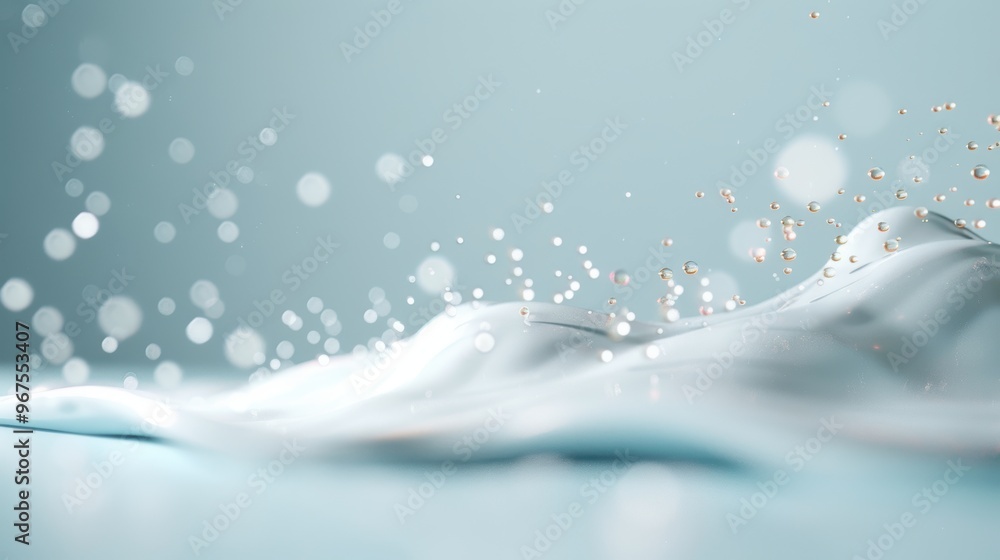 Poster soft-focus particle effects gently diffusing across a pristine white surface, blending science with 
