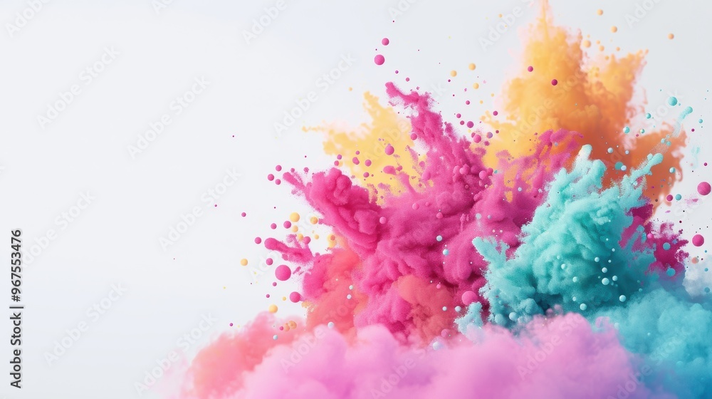 Poster vivid and vibrant particle effects exploding into view against a clean white background, conveying a