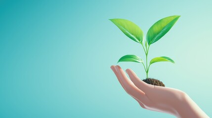 An elegant hand holds a small green plant, symbolizing growth, renewal, and environmental consciousness against a soft background.