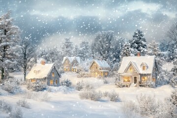 Snowy Winter Village with Illuminated Windows
