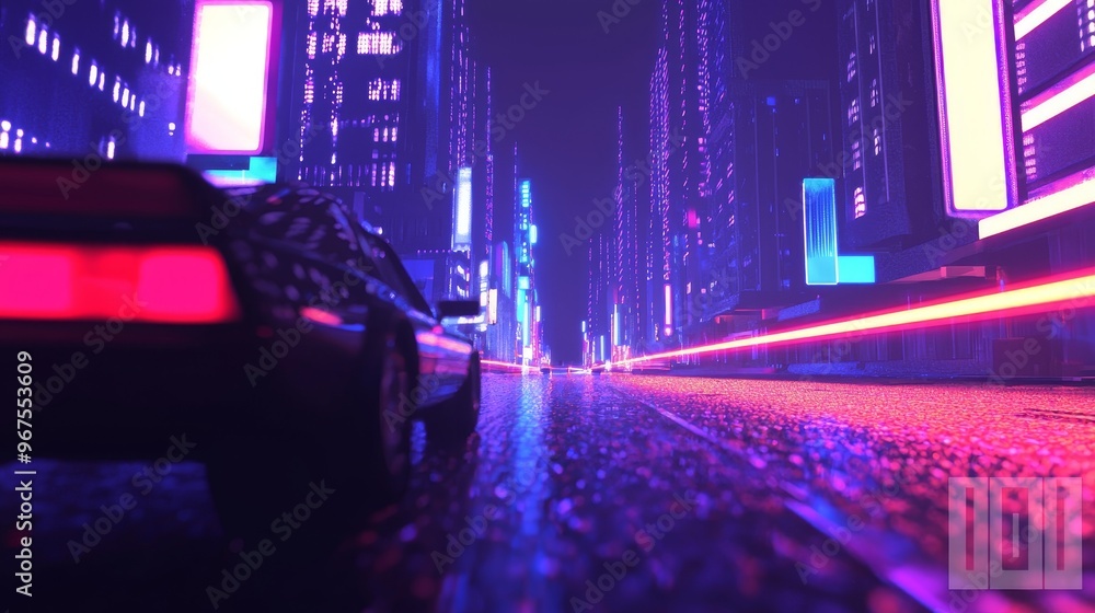 Leinwandbilder A 3D abstract technology glowing neon fast speed light background, an empty space scene and a reflection floor, a futuristic cyber space sci-fi background, and a motion line for mockups running at