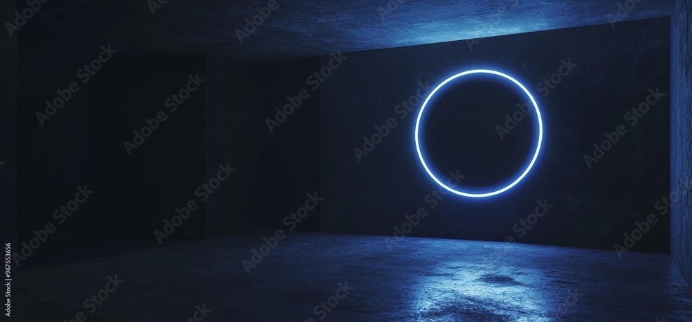 Leinwandbilder rendering of a dark futuristic sci fi big hall room with lights on a reflection surface, with a circ