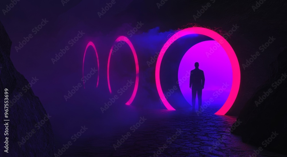 Fototapete future spacescape with meteorites, sparks, smoke, lights arches on a dark background with a light el