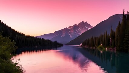 Scenic mountain landscape with tranquil water reflecting a vibrant pink sunset sky, breathtaking nature background