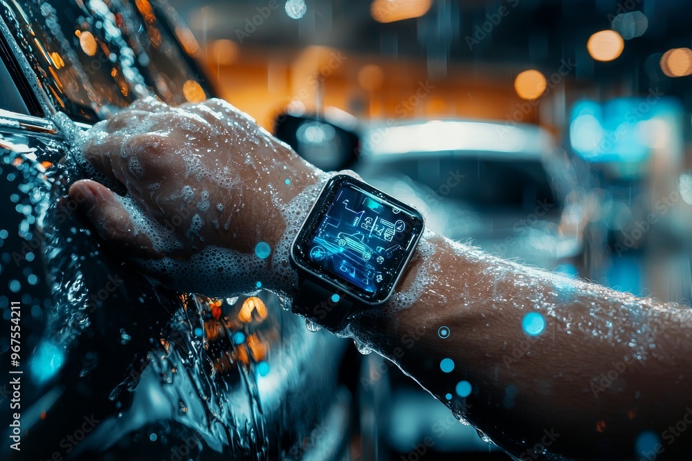 Poster a man using the smart watch to check the tire pressure on his smart car via wireless connectivity is