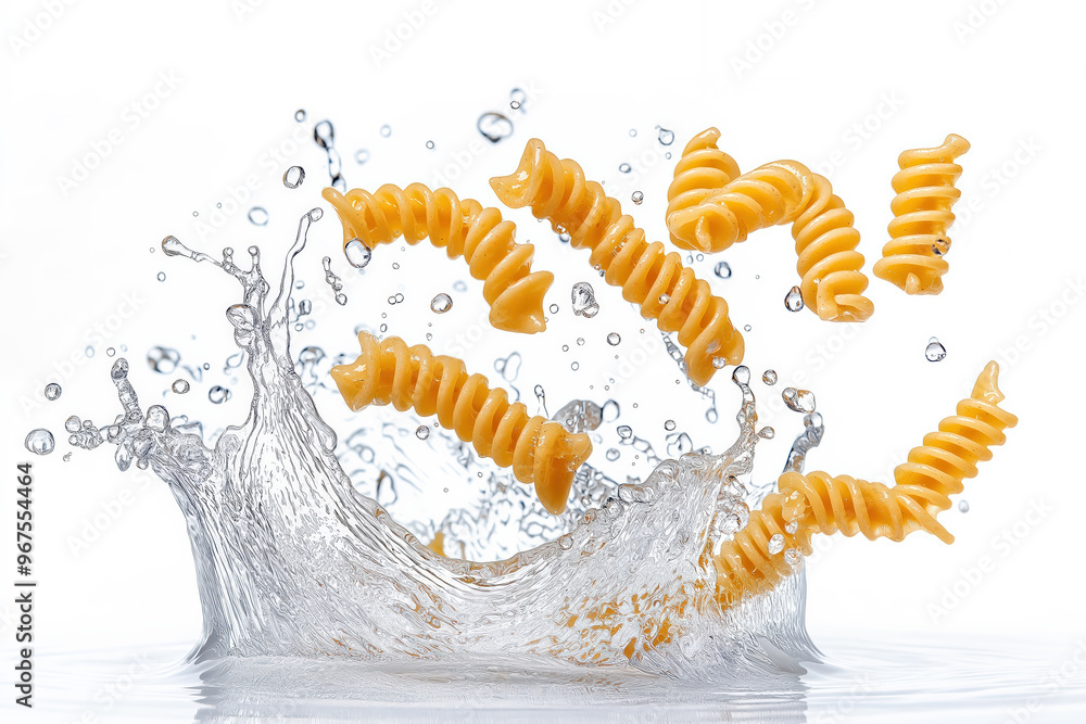 Poster spiral pasta being splashed with water creating a big splash on white background