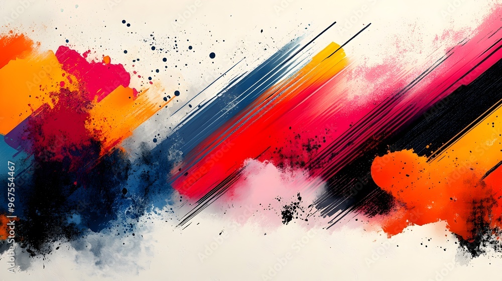 Poster colorful abstract expressionist paint splatters and brush strokes on canvas