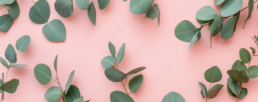 Poster leaves and branches of eucalyptus on pastel pink background. eucalyptus branches pattern on flat lay