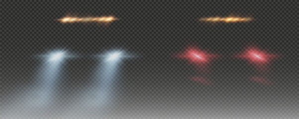 Realistic car headlights. Train moving effect, vector bright lights on transparent background png.	
