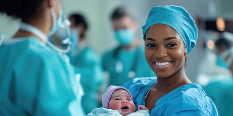 Surgeon is smiling while holding a newborn baby in a hospital operating room, with medical personnel working in the background