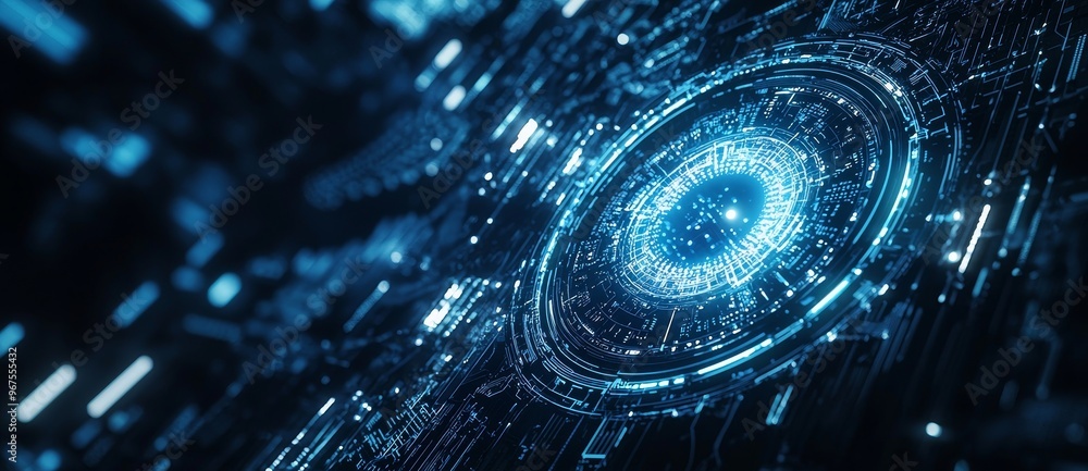 Poster a close-up of an advanced robotic or bionic eye