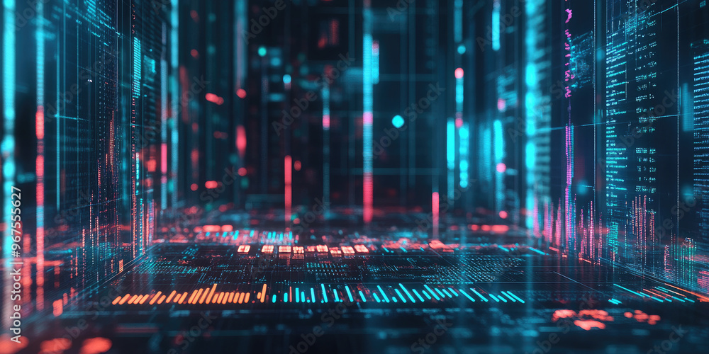 Poster multiple screens are displaying graphs and code, representing the future of big data analysis and us