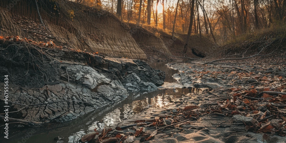 Wall mural shoreline erosion caused by confluence of two streams in a leafy forest area with visible landslide 