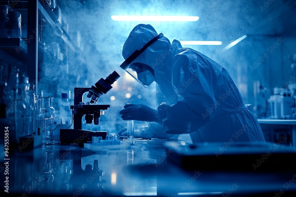 Poster a researcher in a protective mask working in the laboratory of a research institute. innovative medi