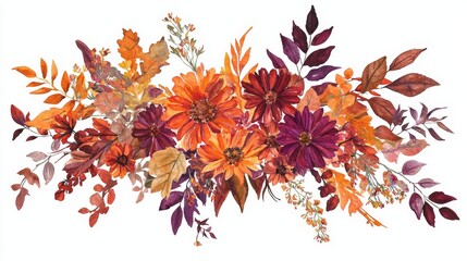 Obraz premium An autumn theme wedding bouquet with a watercolor effect. Beautiful fall floral background. Warm beige, orange, red, burgundy, gold, brown, and rust. AI illustration.