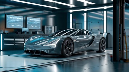 Fototapeta premium Futuristic Electric Car in a High-Tech Garage