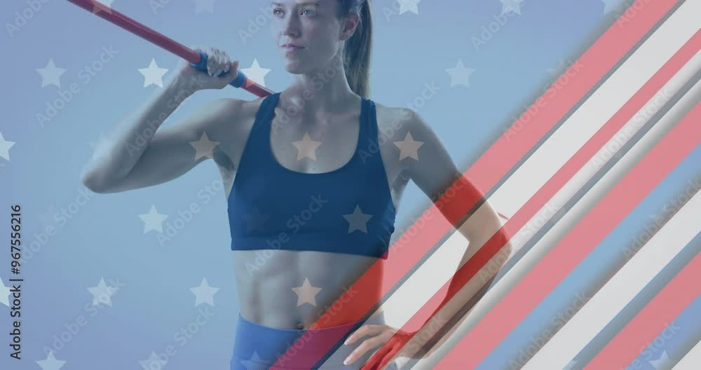 Sticker Animation of flag of usa over caucasian sportswoman with javelin