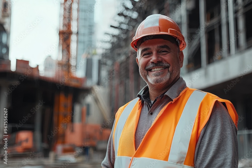 Poster smiling man wearing a construction vest and hard hat on a construction site. the image was created w