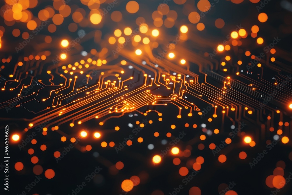 Poster Stock technology image of a processor, graphics card, memory device and neon led lights.