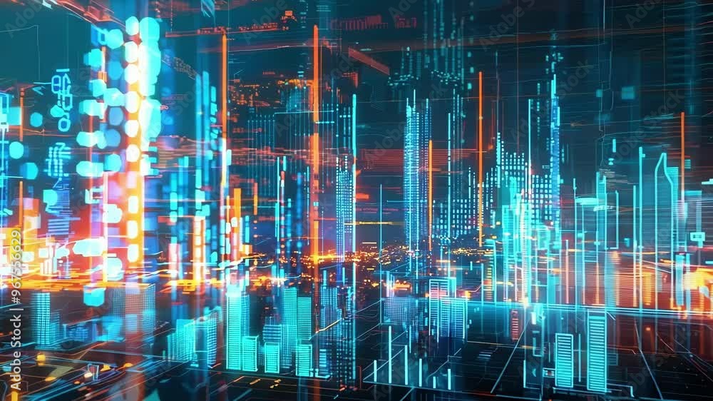 Poster futuristic cityscape with skyscrapers is overlaid with financial charts and data points, representin