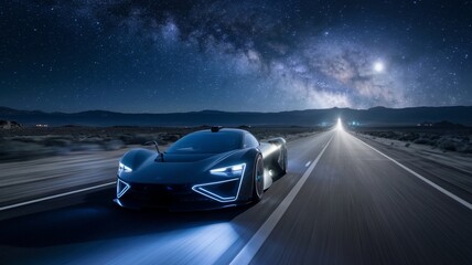 Naklejka premium Futuristic car driving on an empty highway under starry night sky