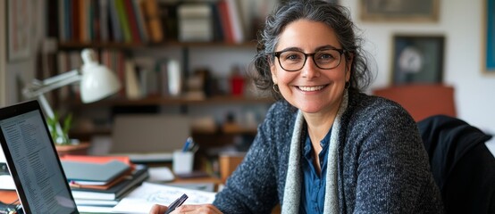 An attractive woman on her desk using a laptop, notebook, and studying online at home with a smile